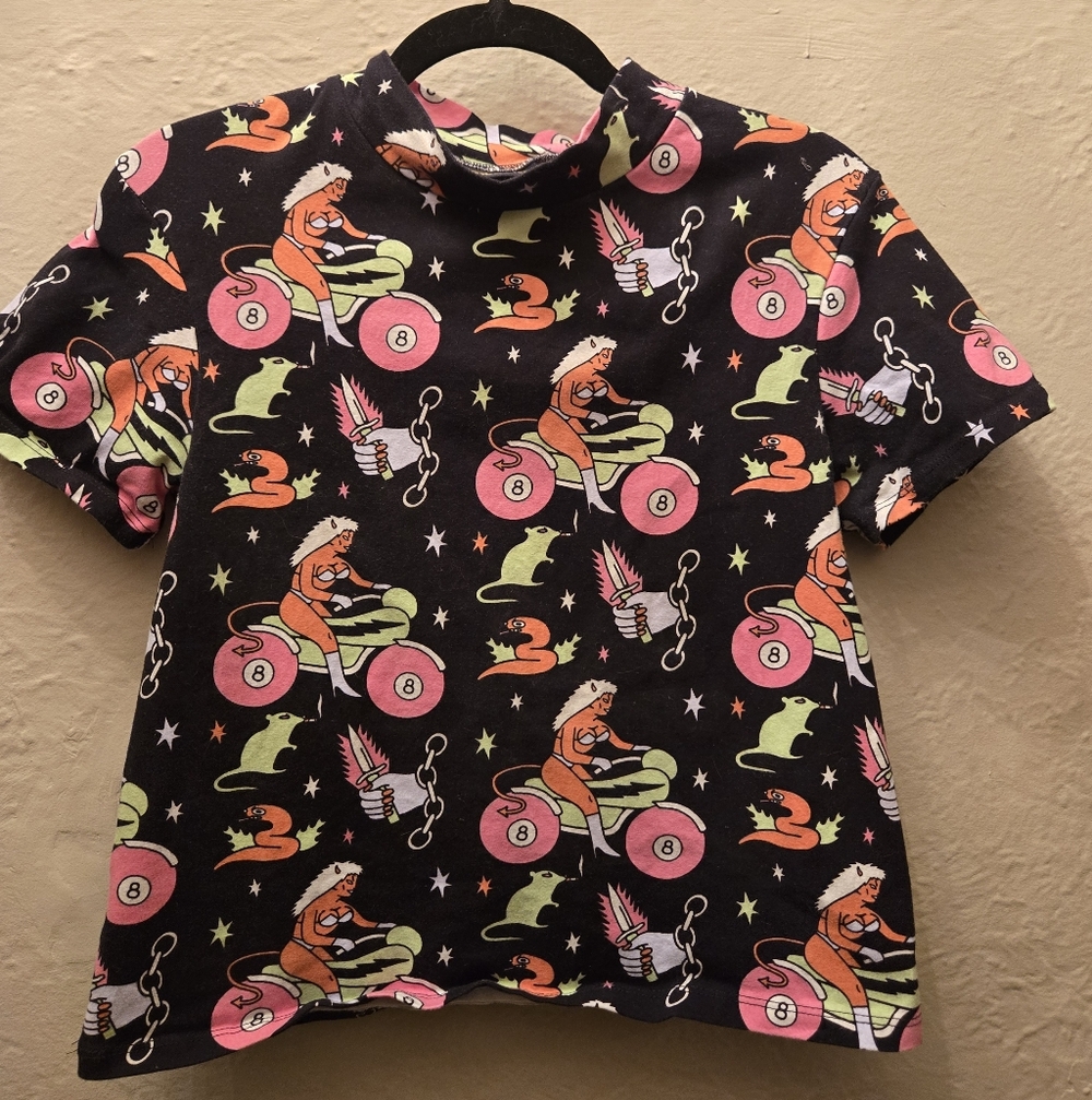 Women's Black Graphic Short Sleeve Top with Pink & Green Motif